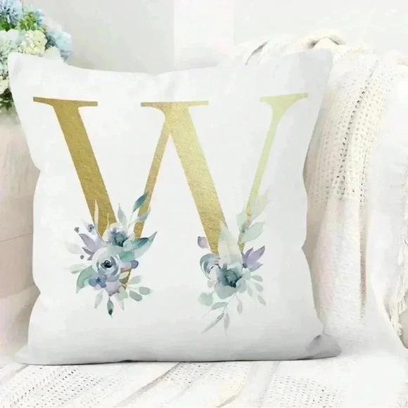 Pillow Covers 18x18” 1 pc W Alphabet Linen White/Gold W Blue Floral Boho Cottage - Picture 1 of 16